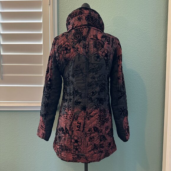 Desigual Flocked Velvet Puffer Jacket 38 Black and Burgandy / Small to Medium - Picture 3 of 10